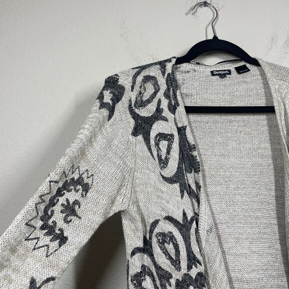 Desigual Small Boho Duster Cardigan Tan Geometric Heart Print Open Front - Picture 4 of 11